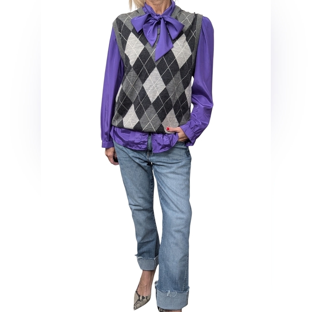 Express Merino Wool Argyle Sweater Vest Gray V Neck Preppy Dark Academia Large